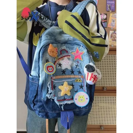 [SJB] Mochila jeans americana retrô com remendo de estrela, bolsa escolar de estudante em cor gradiente com costura de d