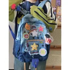 [SJB] Mochila jeans americana retrô com remendo de estrela, bolsa escolar de estudante em cor gradiente com costura de d