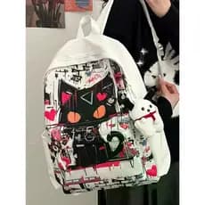 [SJB] Cat Graffiti Padrão Versão Coreana Homens Mulheres Mochila, Mochila Casual Exclusiva de Grande Capacidade
