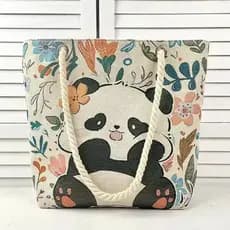 [XKB] Novo estilo Panda impresso grande capacidade corda de cânhamo bolsa de ombro de viagem, versão coreana bolsa de lo