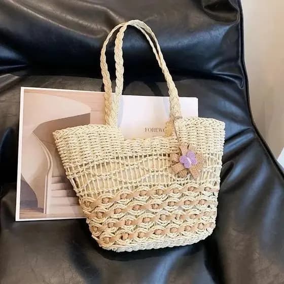 [XKB] Bolsa de ombro trançada com corda de cânhamo grossa estilo boêmio, bolsa de praia feminina de tecido de camada dup