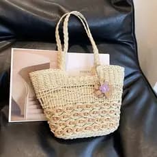 [XKB] Bolsa de ombro trançada com corda de cânhamo grossa estilo boêmio, bolsa de praia feminina de tecido de camada dup