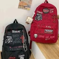 [SJB] Mochila escolar de estudante estilo Punk vinho tinto Rock, mochila escolar de grande capacidade Y2K, mochila Casua