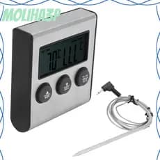 Termômetro Digital para Carne Churrasco com Sonda de Fio, Timer Alarme e Display LCD Prata - Cozinha e Forno