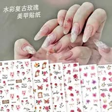 Rosa adesivos de unhas Retro aquarela flor carta padrão adesivos de unhas decorações de unhas