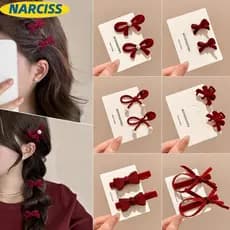 NARCISSUSPW 2 Unidades/Conjunto Grampo De Cabelo Lateral , De Veludo Com Laço Vermelho Da Moda Para Meninas