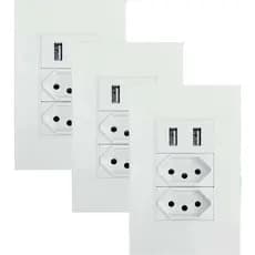 3 Interruptor Kit Tomadas Universal 2 Tomadas com 2 Entradas Usb Carregador Universal Luz Bivolt Cozinha Quarto Sala