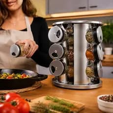 Porta Condimentos INOX 12 Potes Vidro Base 360° Cozinha Giratório Premium