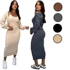 Vestido Com Casaco Canelado Conjunto Canelado Vestido Longo