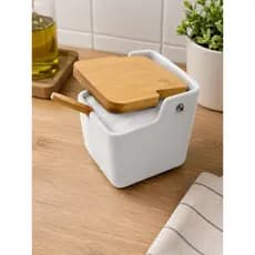 Saleiro Mesa Cerâmica com Tampa de Bambu e Colher Bianco