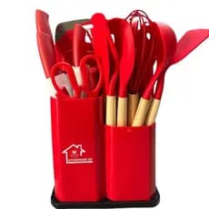 Kit Utensílios de Cozinha 19 Peças em Silicone + Cabo de Madeira + Suporte + Tábua