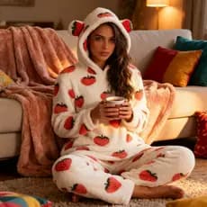 Pijama Conjunto com Capuz Orelhinhas Feminino Inverno Peluciado Soft