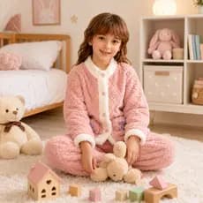 Conjunto Pijama Infantil Peluciado Inverno, Casaco com Botões + Calça Quentinha