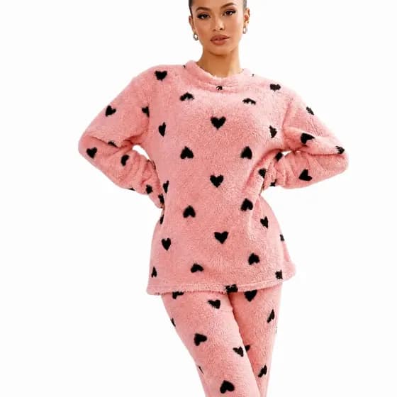 Pijama Feminino De Inverno Peluciado Estampado Conjunto Longo Blusa Manga Longa E Calça Quentinho Macio