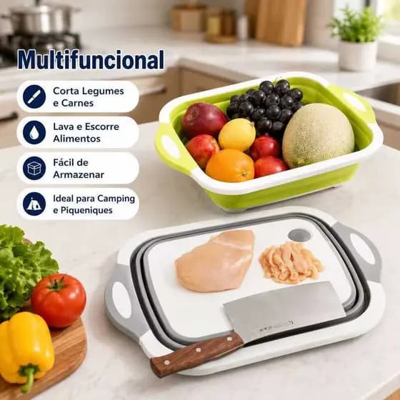Escorredor E Tabua Cesta De Alimentos Dobrável Retrátil Silicone 3 Em 1 Multifuncional Cozinha