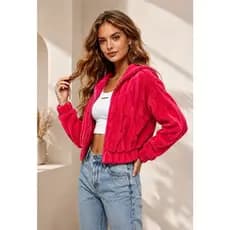 Jaqueta Teddy Feminina Cropped Peluciada Com Capuz e Zíper Casaco Inverno Quente Macio Estilo Casual