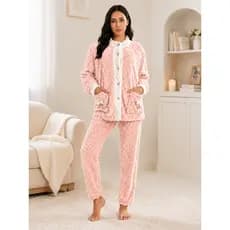 Pijama Feminino Peluciado De Inverno Com Casaco De Botões Bolsos Frontais E Calça Longa Confortável