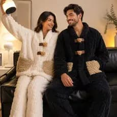 Pijama de pelúcia estilo coreano com bolsos - conjunto de inverno macio de mangas compridas