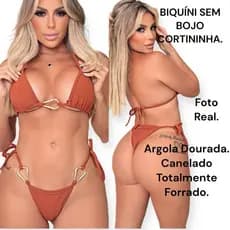 Conjunto de Biquini Feminino Cortininha Texturizado Sem Bojo Detalhe Argolas Moda Trend Praia 2025