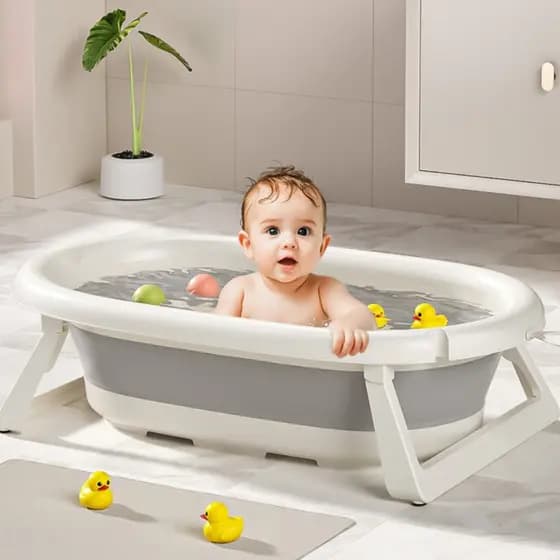 Banheira Para Bebe Dobravel Retratil Banhibaby Cinza Lisa COm Apoio de Chão