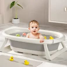 Banheira Para Bebe Dobravel Retratil Banhibaby Cinza Lisa COm Apoio de Chão