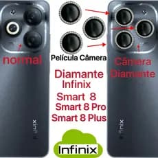 Kit (3pçs) Película Câmera Diamonte Infinix Smart 8 Smart 8 Pro 8 Plus Brilhente Anti Risco Protetor da Lente com Strass