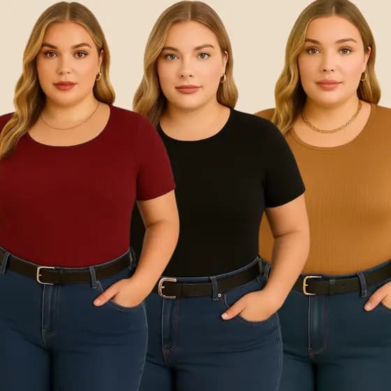 Kit com 3 blusa plus size decote redondo básica feminina