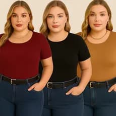 Kit com 3 blusa plus size decote redondo básica feminina
