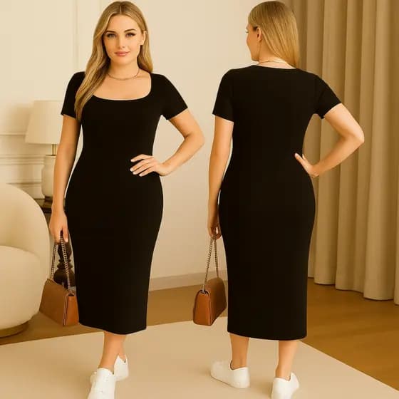 Vestido Feminino Longo Decote Quadrado Tendencia Casual Elegante