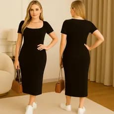 Vestido Feminino Longo Decote Quadrado Tendencia Casual Elegante