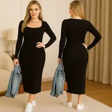 Vestido Midi Feminino Casual Básico Elegante Confortável Manga Longa Decote Quadrado