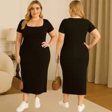 Vestido Feminino Plus Size Longo Elegante Casual Anarruga Decote Quadrado