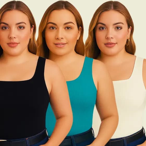 Kit 3 Regatas Plus Size Decote Quadrado Básica Feminina