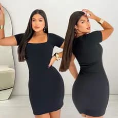 Vestido  curto casual basico tubinho manga decotado dia a dia preto
