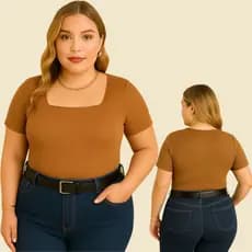 Blusa Feminina Plus Size  Manga Curta Decote Quadrado Confortável com Alta Elasticidade