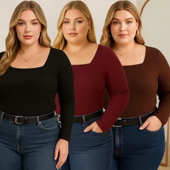 Kit 3 blusa plus size decote quadrado manga longa básica feminina confortável