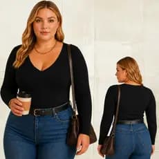 Blusa feminina manga longa decote V plus size casual básica confortável dia a dia