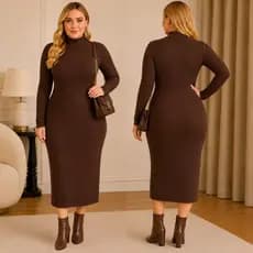 Vestido Feminino Plus Size Longo Gola Alta  Básico Confortável Elegante Manga Longa Casual