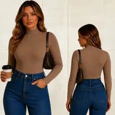 Blusa Feminina Gola Alta Manga Longa Casual Básica Confortável Elegante Outono Inverno