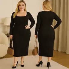 Vestido Feminino Plus Size Midi Decote Quadrado Casual Elegante Manga Longa