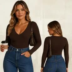 Blusa feminina decote V manga longa casual básica confortável dia a dia