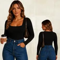 Blusa Feminina Manga Longa Decote Quadrado Casual Básica Confortável Inverno Dia a Dia