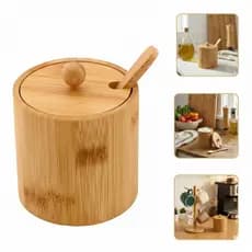 Pote Açúcar Sal Porta Mantimento Açucareiro Saleiro Tempero Chá Com Colher E Tampa Premium Madeira Bambu