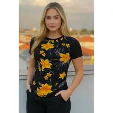 Camiseta Floral Camisa Estampada Flores Long Line Feminina Casual Verão