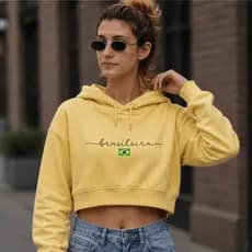 Crooped Moletom Feminino Estampa Brasileira peluciado com Capuz Manga Longa com Punho e Barra de Elástico  Frio Inverno