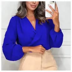 Blusa Feminina Manga Longa Decotada Transpassada Decote V Elegante Verão Tecido Duna Não Amassa