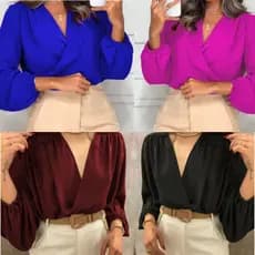 Blusa Camisa Manga Longa Transpassada Corte V Feminina c/Punho Tendência Blogueira