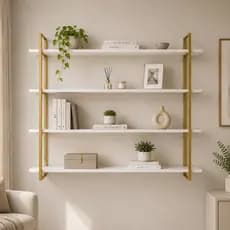 Prateleira Industrial De Parede 4 Níveis 1,00x80 Aço Arnad | Dourada Com Prateleiras Brancas - Nicho Decoração
