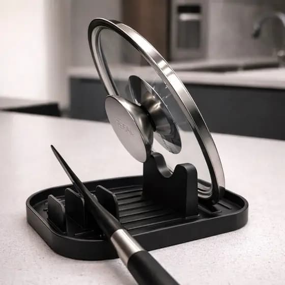 Descanso Tampa de Panela Talher Suporte e Acessórios Organizador de Cozinha - Branco Preto e Cinza