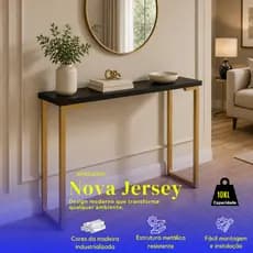 Aparador Industrial Para Hall Sala Quarto Luxo, Nova Jersey - Dourado Branco, Preto, Madeira 100x24x80cm